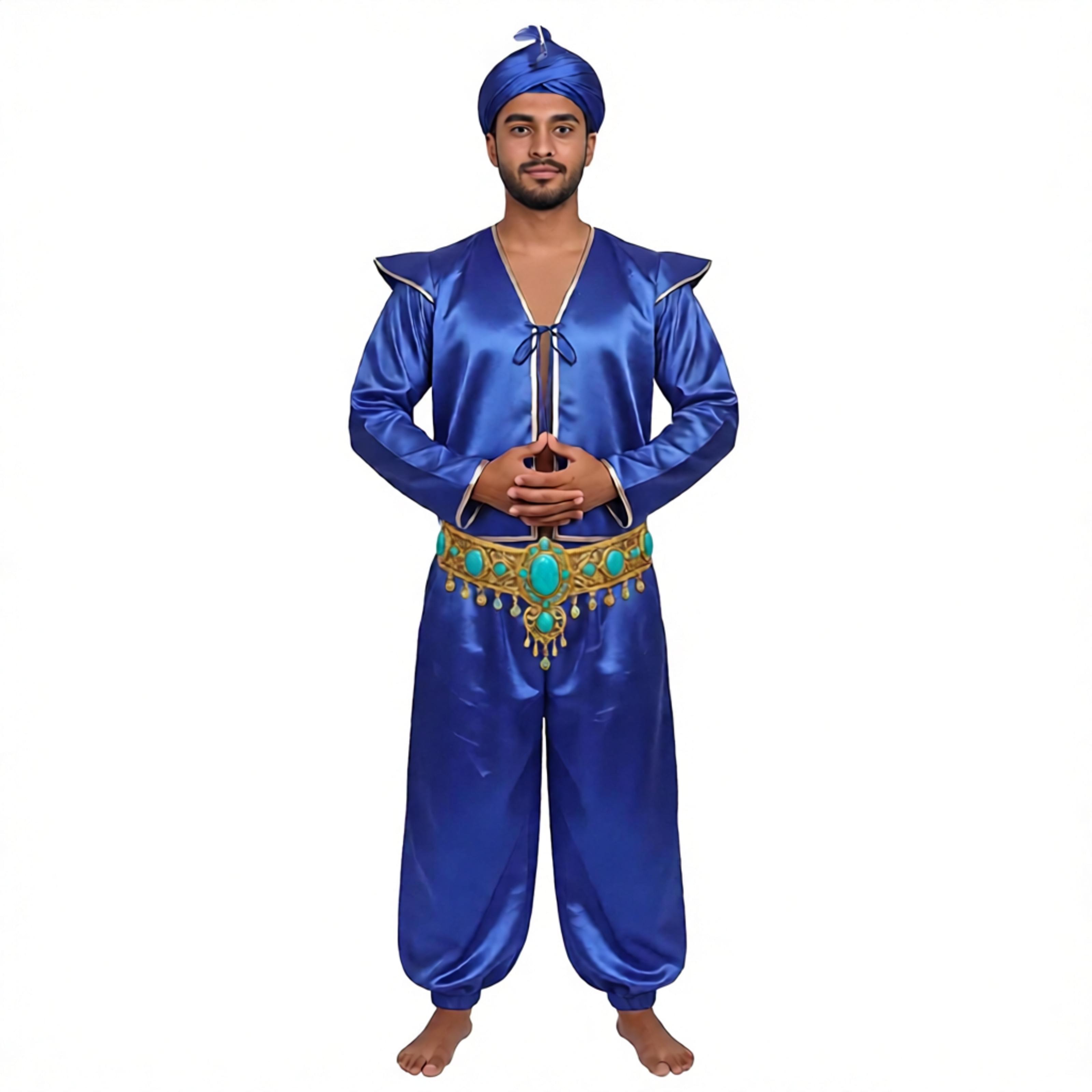 Costumes - 男性用、アラビアの王子風コスプレ衣装。ハロウィーン、カーニバル、中世風コスチュームに最適な、袖がふんわりとしたメタリックトリムのサテンベストとショートパンツのセット。