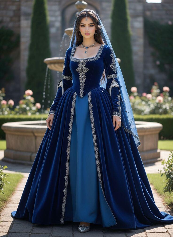 Medieval Renaissance Dress Women - 中世チューダー王朝ロイヤルルネッサンスブルーボールガウン女王エリザベスプロムドレスコスプレメアリーボレインベルベットフロアレングスドレス